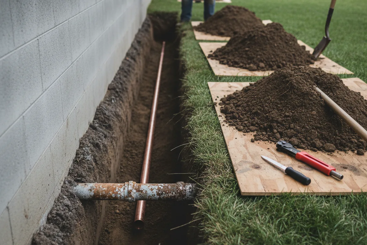 Excavated water line trench during Sewer Line Repair in Plainfield